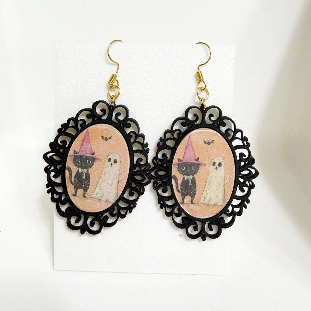 Vintage Frame Halloween Cat and Ghost Earrings Wooden Handmade Jewelry